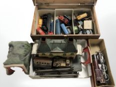 A group of model railway items to include Hornby OO clock work train with key, carriages,
