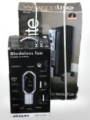 A bladeless fan together with a tall oil filled radiator, cable tied in box.