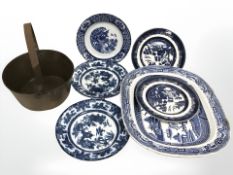 A brass jam pan together with a 19th century willow pattern meat plate,