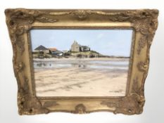 M Scott Gleghorn : Cottages by a beach, oil on canvas, 39 cm x 29 cm.