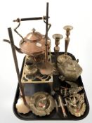 A group of metal wares, brass copper kettle, trivet, brass cannon, etc.