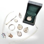 Three continental silver fob watches, together with a silver sovereign case (as found),