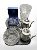 A tray of crystal fruit bowls, crystal flower bowl, silver plated hot water jug and coffee pot,