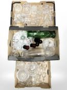 Three boxes of crystal and glass, wine glasses, flutes, decanters, vases, etc.