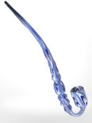 A hand blown blue glass pipe, length 44 cm.