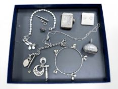 A group of silver and white metal jewellery to include opal effect bracelet and matchings earrings,