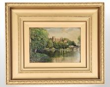 Early Twentieth Century School : A River Scene with Bridge and Castle Beyond, oil on board,