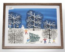 Gordon Barker : Figures collecting a Christmas tree, acrylic, signed, 32 cm x 24 cm.
