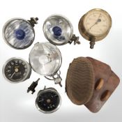 A group of vintage cars parts to include pressure gauge, Smith's speedometer, fuel gauge,