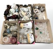 Six boxes of antique and later ceramics, glass, part oil lamps, glass shades, vases, etc.