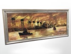 A 20th century oil on board depicting boats in a dock, 113 cm x 44 cm.