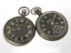 Two vintage pocket watches with black dials.