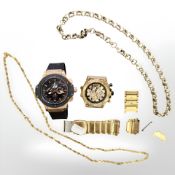 A group of jewellery items : gold plated chain, two wristwatches (as found),