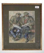 Richard Flynn : Two Men Sitting in a Bar Reading Newspapers, 33 cm x 26 cm, framed.