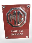 A red MG parts sign.