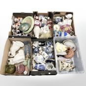 Six boxes containing antique and later ceramics, ornaments, china figures, Staffordshire dogs,