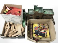 A group of mid 20th century toys, wooden fort, building blocks,