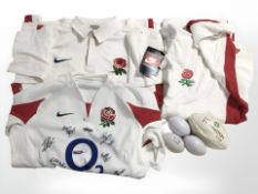 A group of Rugby Union related items including signed England shirt, supporter's clothing,
