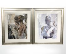 Two silvered framed prints depicting African figures, each 70 cm x 86 cm.
