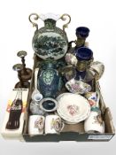 A box of ceramics and china, Oriental style vases, commemorative cups, barley twist candlesticks.