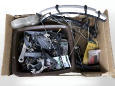 A quantity of cycling components, inner tubes, brake parts, mud guards, etc.