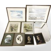 A group of pictures including a signed print of Bamburgh Castle, a print of Durham Cathedral,