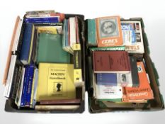 Two boxes of Stanley Gibbons and other stamp catalogues, auction catalogues, etc.