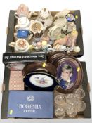 Seven boxes containing ornamental teapots, decorative china, ceramic ornaments, glass,