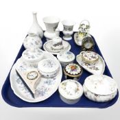 A group of Wedgwood, Coalport and further china, ceramic trinket boxes, Aynsley bedroom clock,