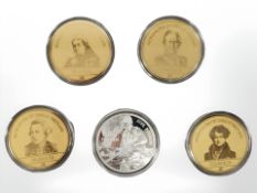 Four Monarchs of Great Britain portrait coins, each 1/200 oz 0.