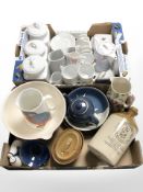 Two boxes containing Fentimans advertising flagon, ceramics, kitchen ware including white porcelain,