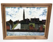 Ken Stewart : Buildings by a coast, oil on paper, 50 cm x 39 cm.