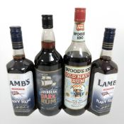 Four bottles of rum to include - Wood's One Hundred old navy rum, 57%, 1L, Caribbean dark rum, 1L,