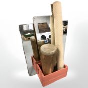 Three frameless mirrors and a roll of Hessian matting,