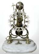 A 19th century skeleton clock with fusée movement, with key, under glass dome on marble plinth,
