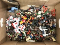 A group of metal figures and play worn figures, plastic animal figures, etc.