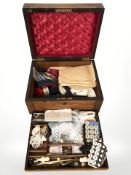 A Victorian mahogany sewing box and contents, width 30.5 cm.