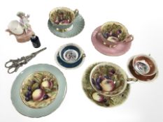 A tray of Aynsley fruit painted cup and saucers, cabinet plate, continental miniature cups,
