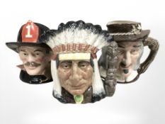 Three Royal Doulton character jugs including - North American Indian, The Fireman and Izaak Walton.