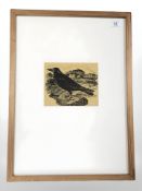 Thomas Bewick : Study of a Crow, woodcut on tan-coloured paper, 15 cm x 19 cm, framed.