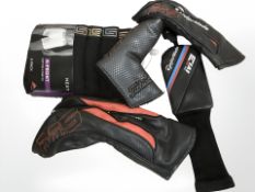 A pack of Next gents briefs together with four golf club covers.