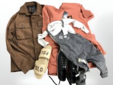 A box of new retail stock clothing including pair of Tommy Hilfiger black shoes size 6,