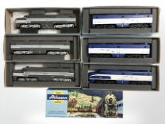 Six Atheann HO gauge model railway locomotive and carriages including New York Central and Nickel