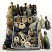 A box containing a quantity of antique bottles, glass bottles, stone ware, ink pots, etc.
