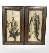 A pair of oak frame panels depicting fish and fowl, both 35 cm x 65 cm.