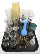 A group of coloured glass including Caithness, 70's amber glass vase, etc.