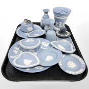 A group of Wedgwood blue and white jasperware porcelain to include dishes, trinket pot, flower vase,