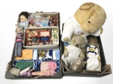 A group of doll's house furniture, clothing, vintage dolls,