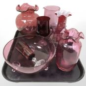 A quantity of cranberry glass, antique and later examples.