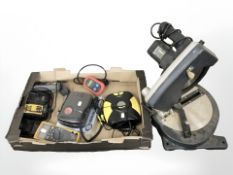 A Powercraft mitre saw, together with testing tools, DeWalt charger, a tire inflator.